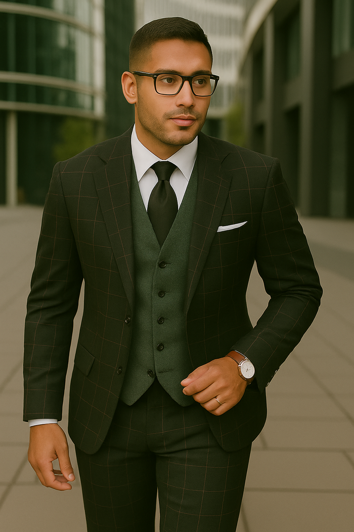Modern Fit - Wool Suit - Italian Made Business Suit by Statement Men's 3 Piece 100% Wool Modern Fit Suit - Bold Accent Color