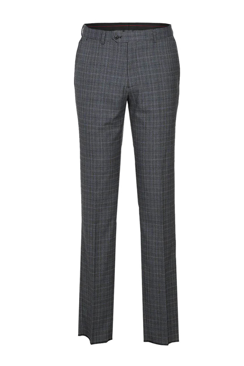 Mens Designer Slim Fit Double Breasted Suit in Light Grey Windowpane Plaid Check - 36S
