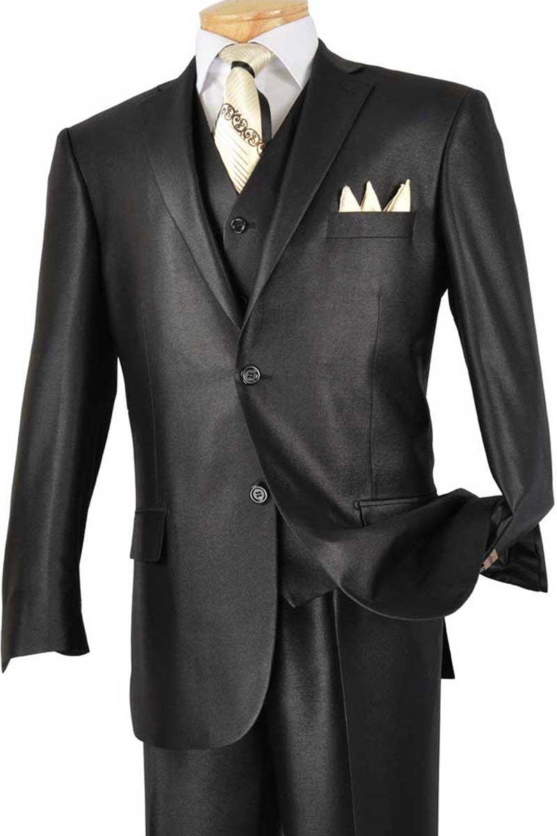 Mens Classic Vested Shiny Sharkskin Suit in Black - 36 Short