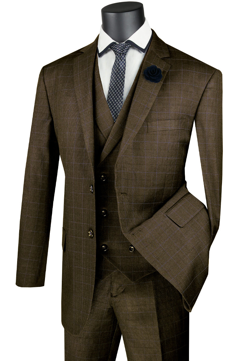 Mens 2 Button Double Breasted Vest Plaid Suit in Taupe - 36 Short