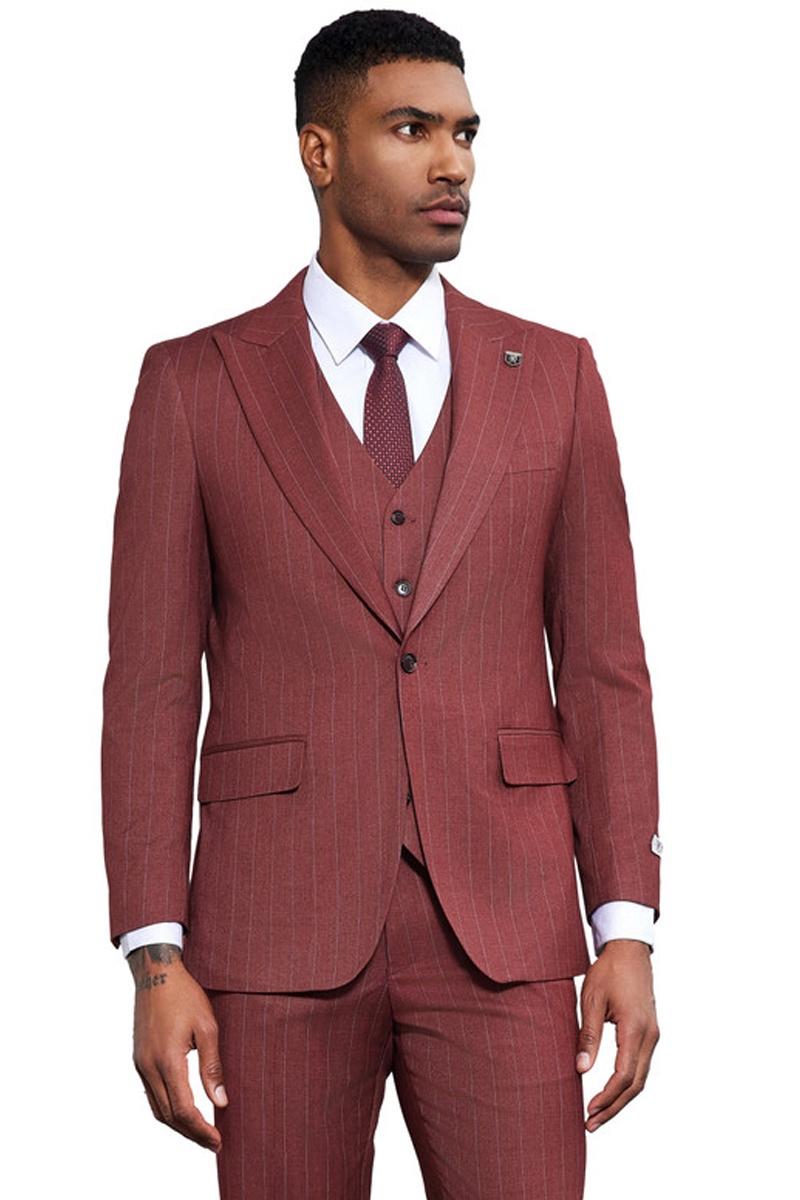 Men's Stacy Adams One Button Peak Lapel Vested Suit in Burgundy Pinstripe - 38 Regular