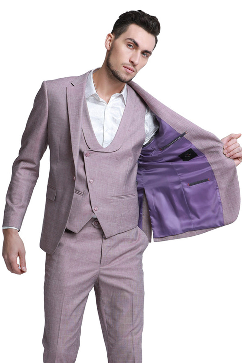 "Rose Pink Sharkskin Wedding Suit: Men's Slim Fit Double Breasted Vest"
