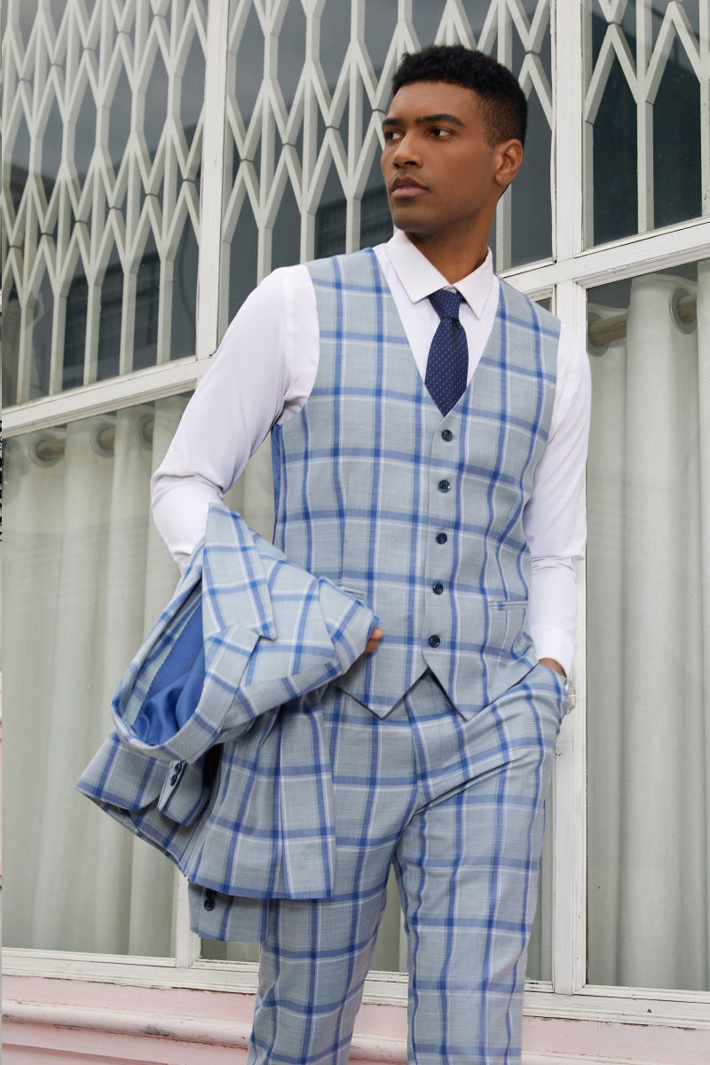 "Stacy Adams  Suit Men's Vested Peak Lapel Plaid Suit - Grey & Blue Windowpane"