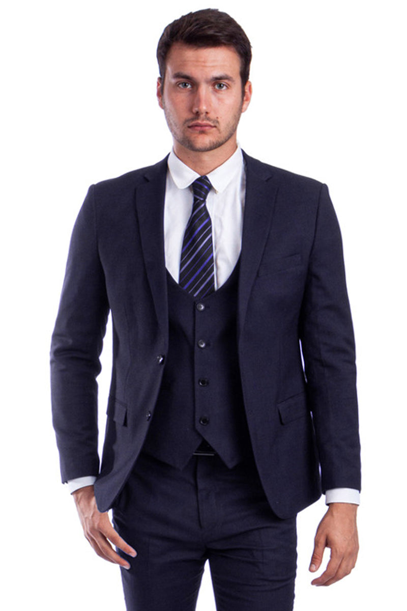 "Men's Navy Blue Skinny Fit Vested Suit - Two Button Style"