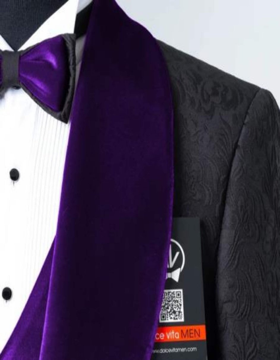 Mens Black and Dark Purple Velvet Lapel 3-Piece Tailored-Fit Tuxedo