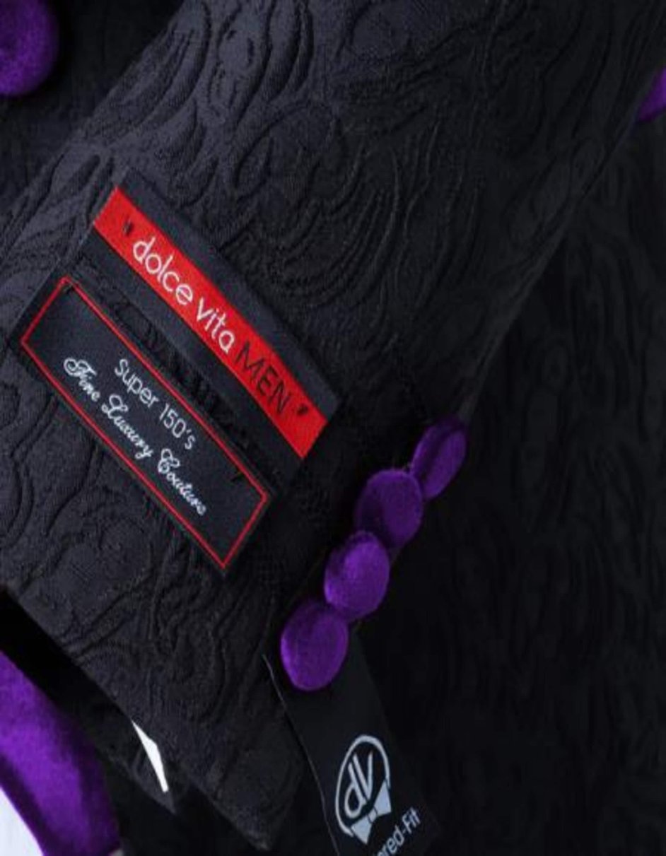 Mens Black and Dark Purple Velvet Lapel 3-Piece Tailored-Fit Tuxedo - Coat Size 38