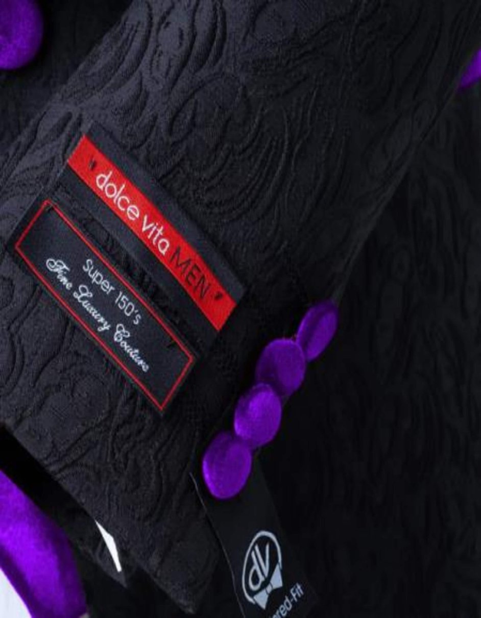 Mens Black and Purple 4 Button Cuffs Velvet Lapel 3-Piece Tailored-Fit Tuxedo - Coat Size 38