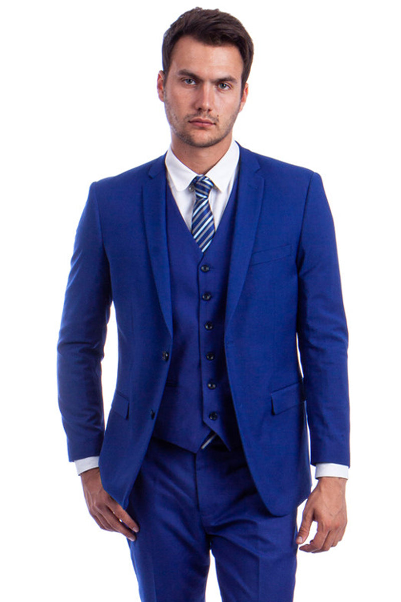 "Royal Blue Men's Wedding & Business Suit - Vested Two Button Solid Color"