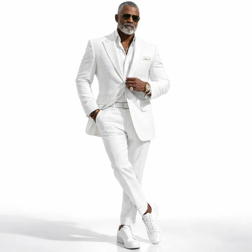 Mens Premium Cotton Seersucker Stripe Suit – White