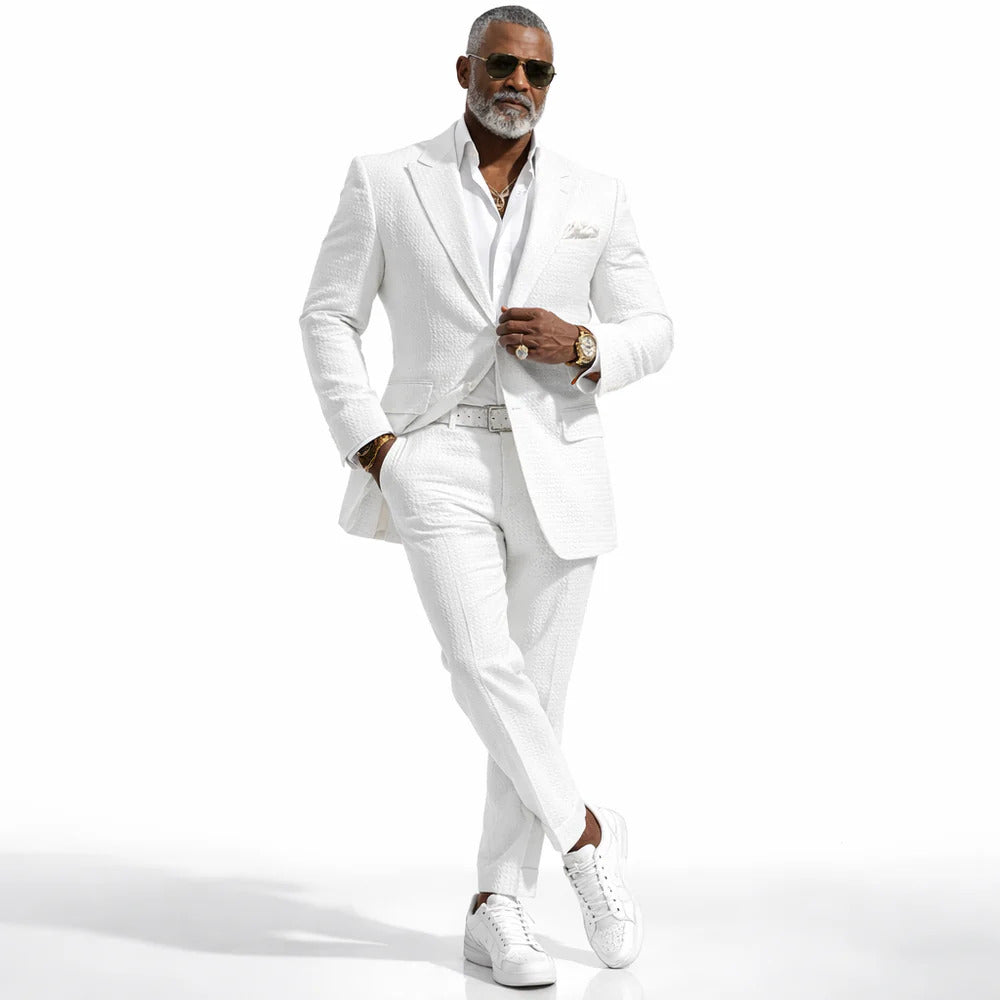 Mens Premium Cotton Seersucker Stripe Suit – White