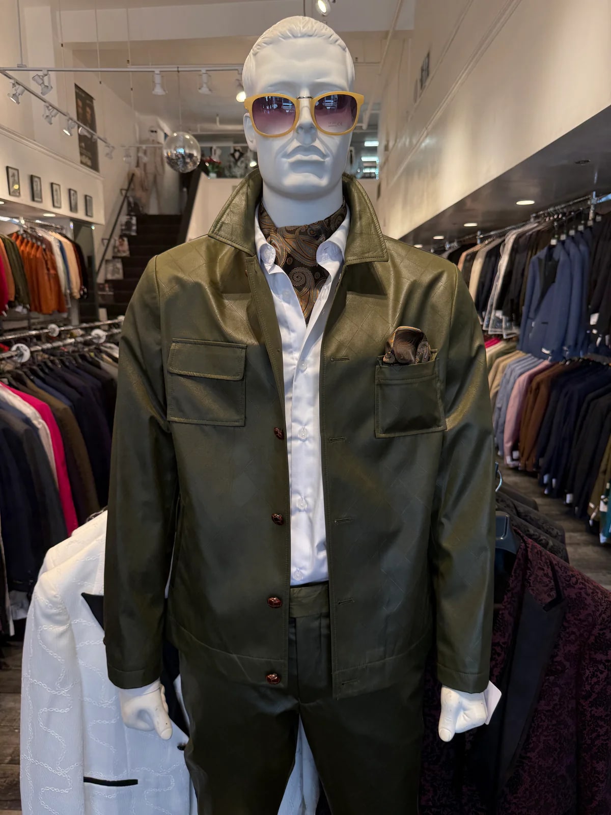 Mens Two Piece Slim Fit Faux Leather Casual Suit Olive - 34 Short or Extra Small