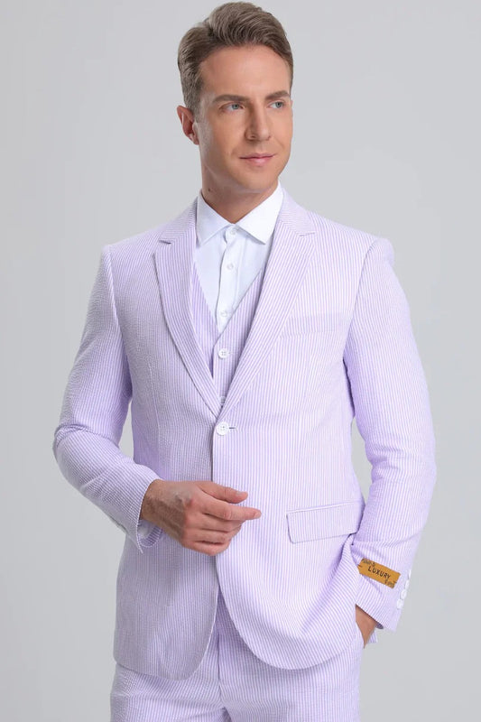 Best Mens Vested Summer Seersucker Suit in Lavender Pinstripe  - For Men  Fashion Perfect For Wedding or Prom or Business  or Church