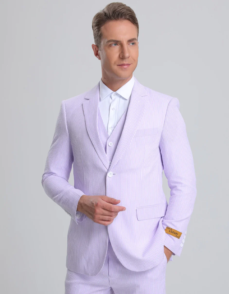 Best Mens Vested Summer Seersucker Suit in Lavender Pinstripe  - For Men  Fashion Perfect For Wedding or Prom or Business  or Church