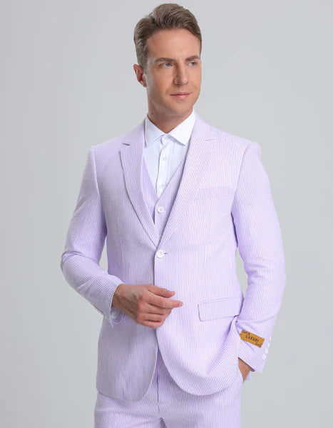 "Blue Seersucker Summer Suit - Men's 2 Button Vested | CLOSE OUT"