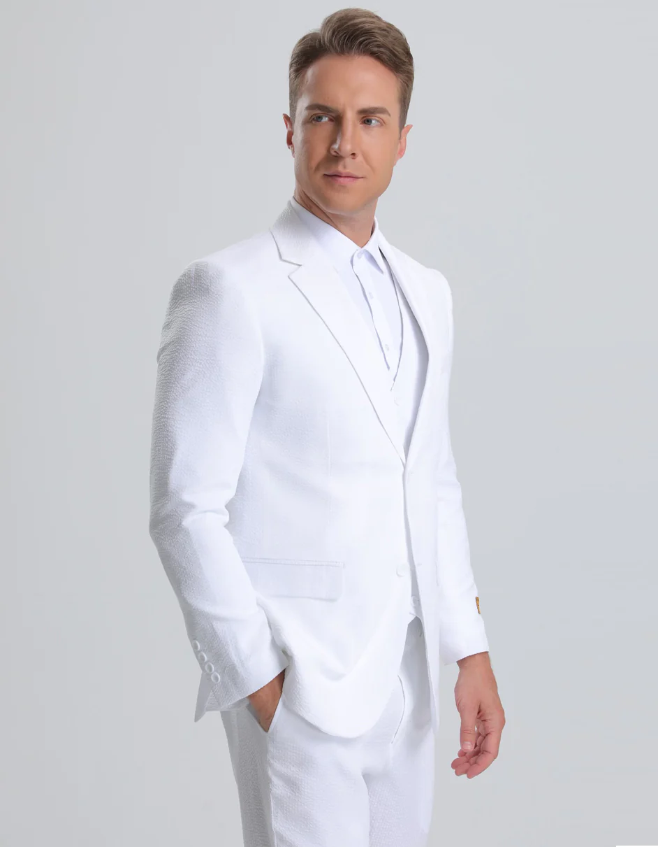 Best  Mens Vested Summer Seersucker Suit in White Pinstripe  - For Men  Fashion Perfect For Wedding or Prom or Business  or Church