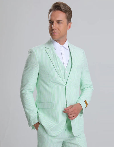 Mens Jacket + Pants Summer Seersucker Suit in Green Pinstripe