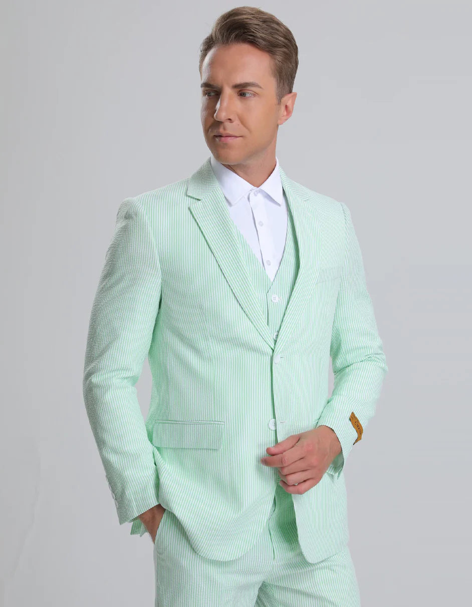 Kentucky Derby Seersucker Suits For Men - Big and Tall Seersucker Suit Mens Vested Summer Seersucker Suit in Green Pinstripe