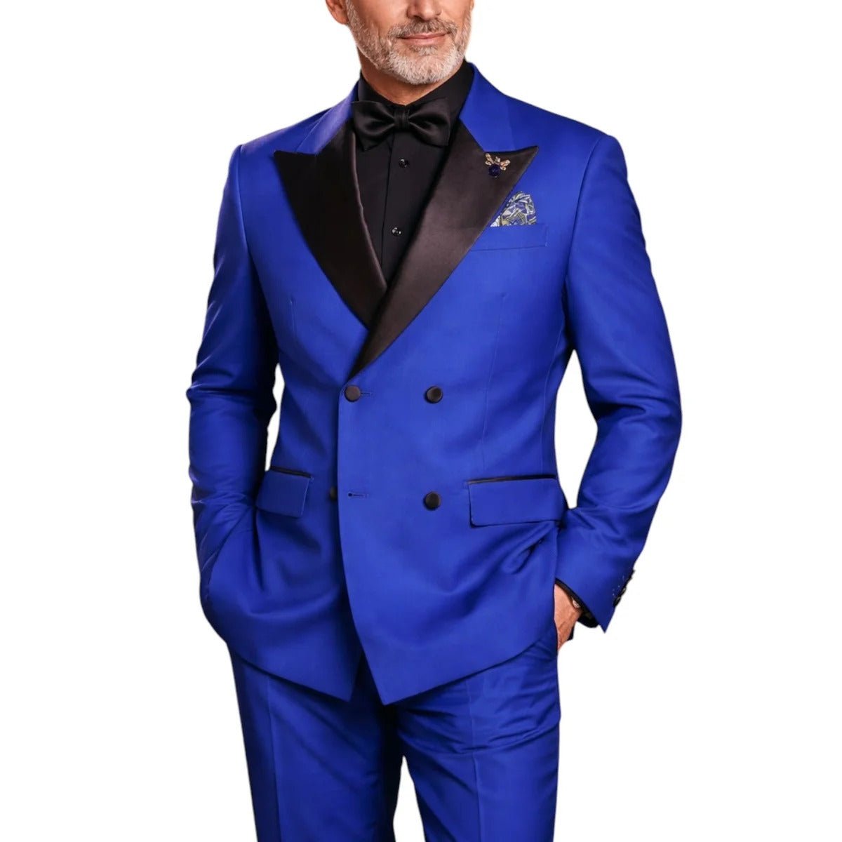 Mens Regular Fit Double Breasted Tuxedo with Satin Lapel and Bow Tie - Royal Blue - 34 Short or Extra Small