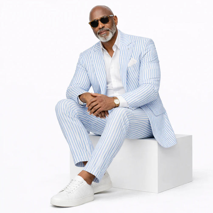 Mens Premium Cotton Seersucker Stripe Suit – Light Blue