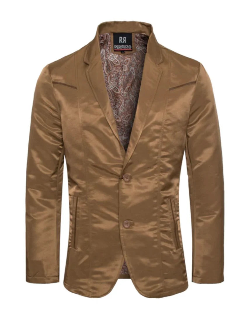 Men's Western Camel Blazer Slim Fit Shiny Finish Sport Coat for Weddings, Parties & Formal Events - 36 Short