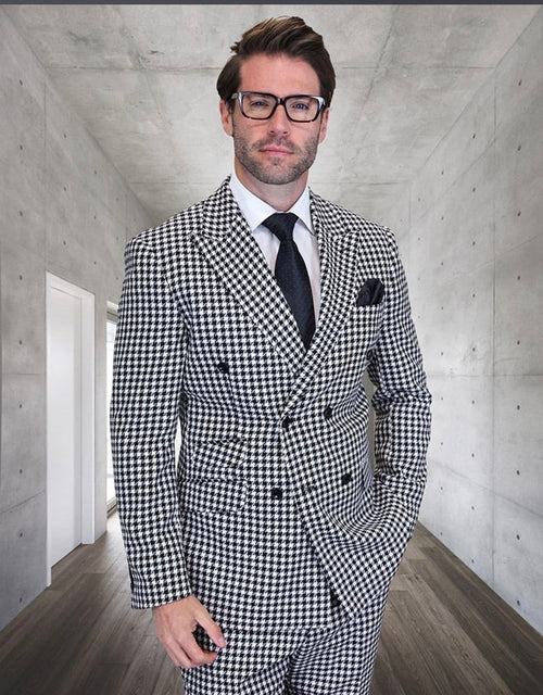 Men’s Black & White Houndstooth Double Breasted Wool Suit – 2 Piece Modern Fit Peak Lapel Suit