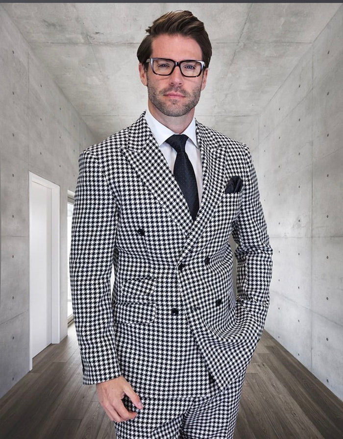 Men’s Black & White Houndstooth Double Breasted Wool Suit – 2 Piece Modern Fit Peak Lapel Suit - 34 Short or Extra Small