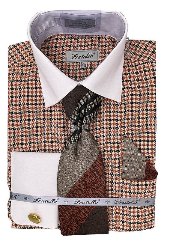 Vintage Houndstooth Men's Dress Shirt & Tie Set - Beige