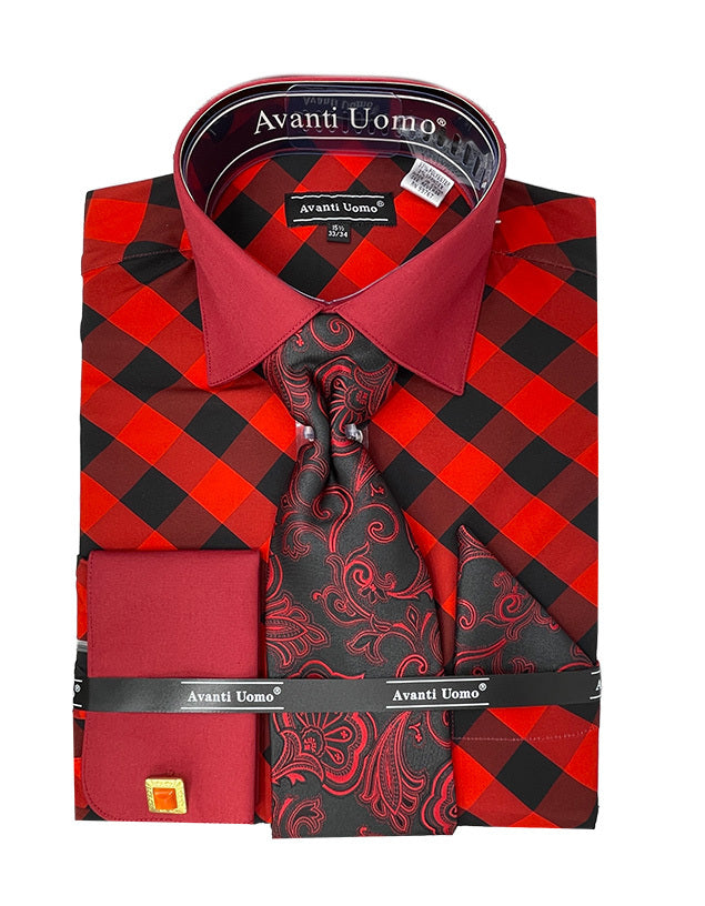 "Red Check Dress Shirt Set - Men's Contrast Collar French Cuff"
