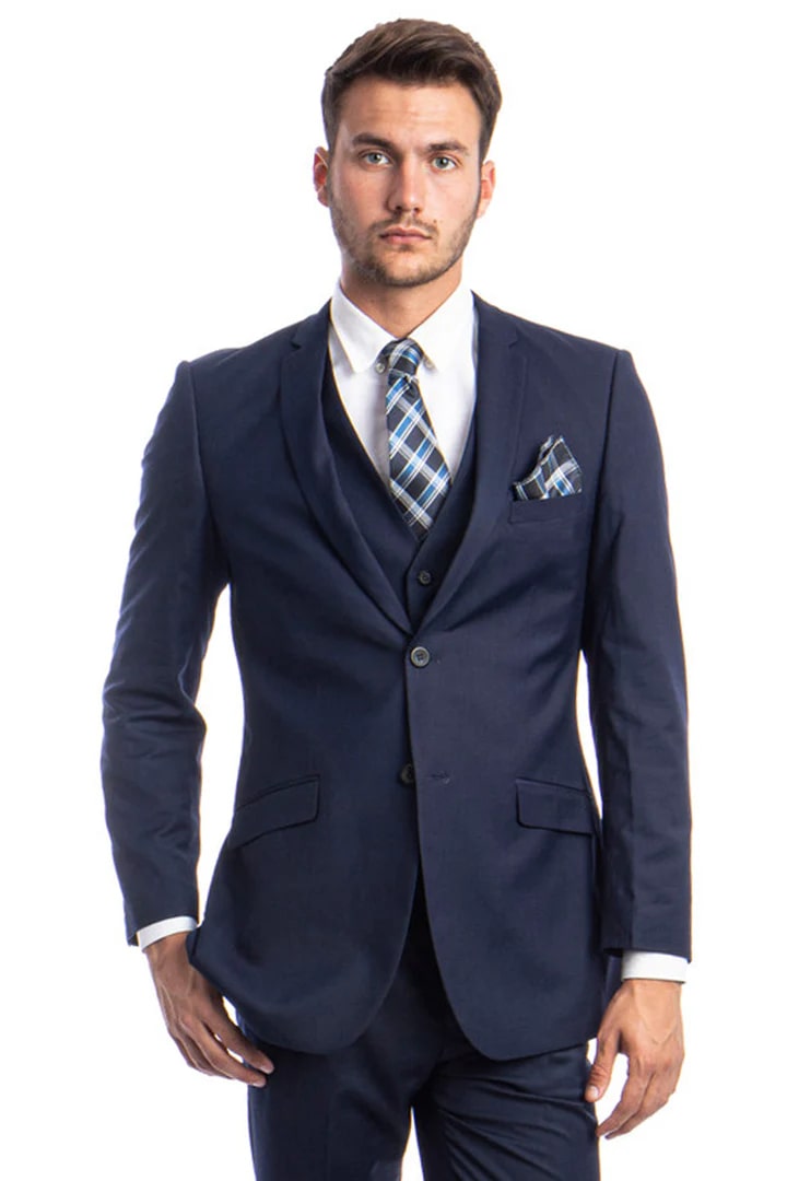 Cheap Suit - Men's Two Button Slim Fit Basic Vested Wedding Navy/Blue Suit