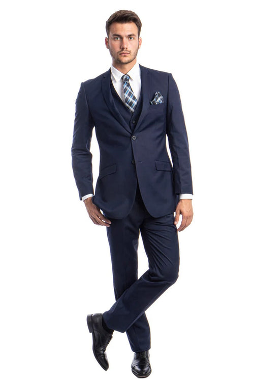 Cheap Priced Suit - Men's Two Button Slim Fit Basic Vested Wedding Navy/Blue Suit