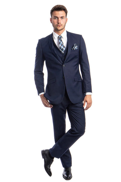 Cheap Priced Suit - Men's Two Button Slim Fit Basic Vested Wedding Navy/Blue Suit