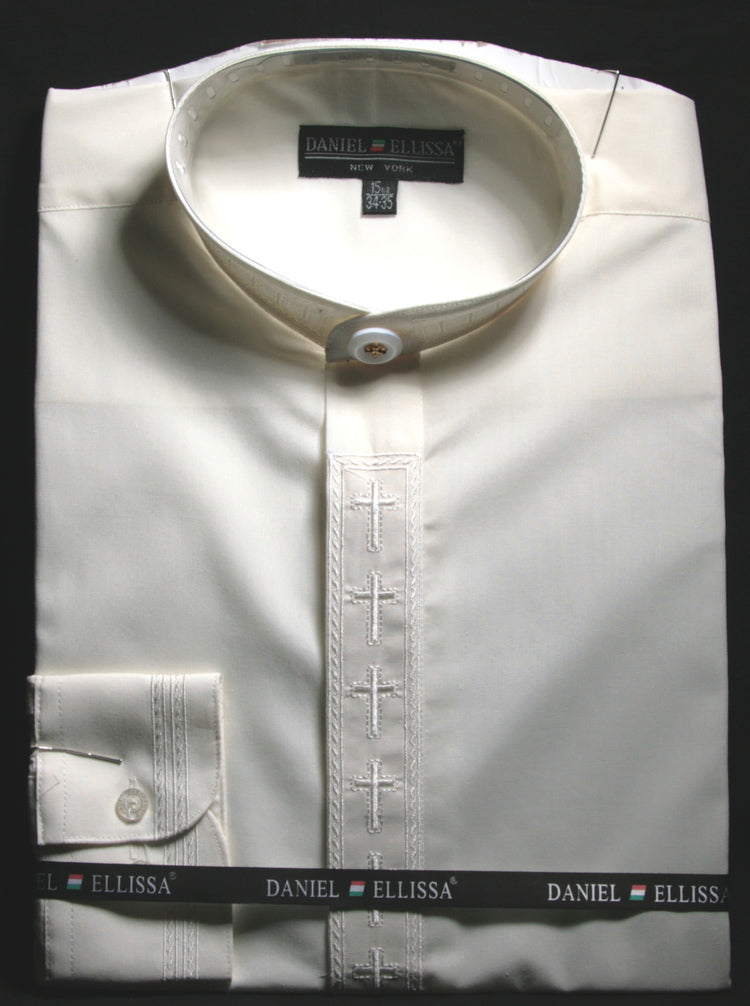 "Clergy Shirt for Men - Ivory Banded Collar with Cross Embroidery" - 15Â½ 32/33