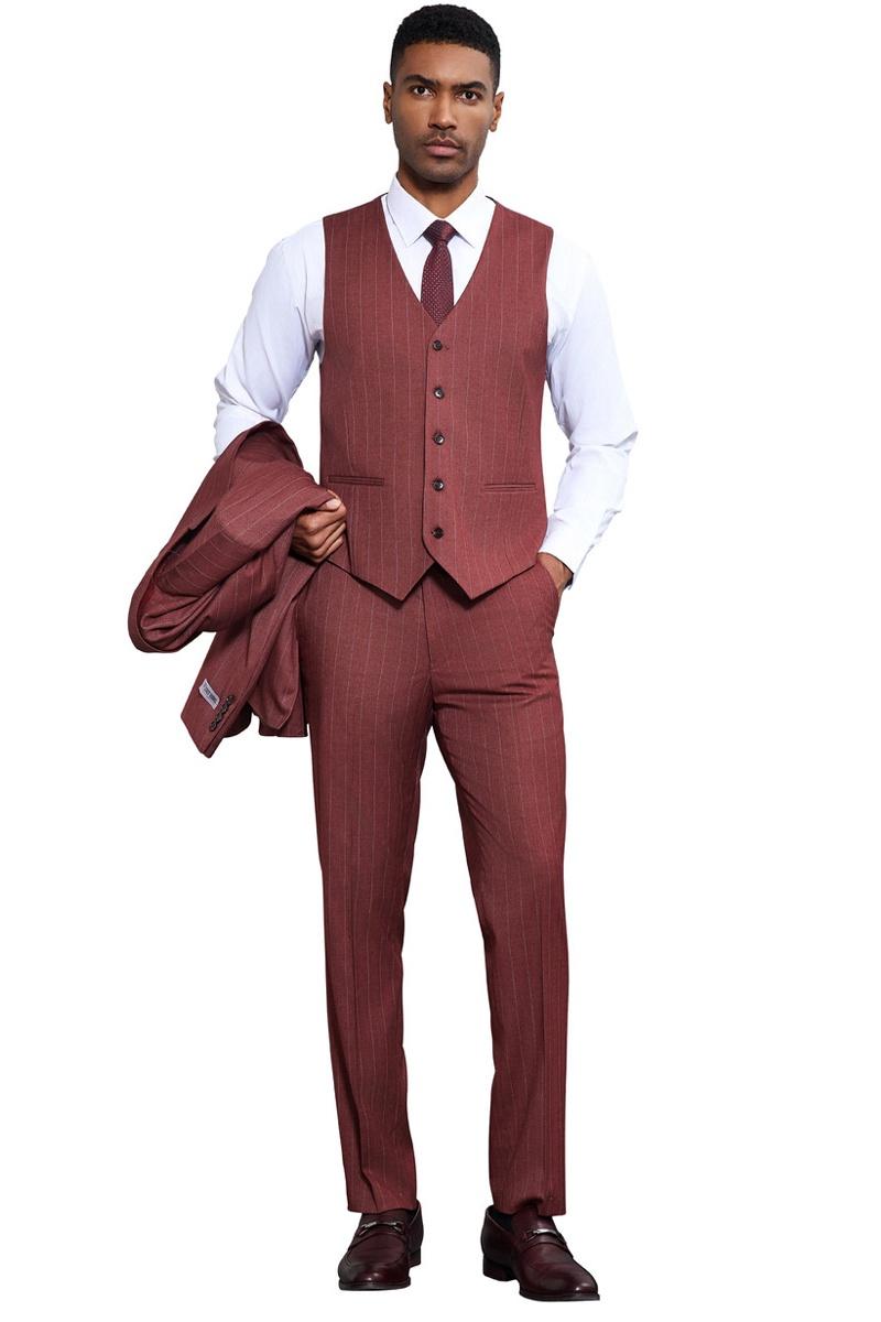 Men's Stacy Adams One Button Peak Lapel Vested Suit in Burgundy Pinstripe - 38 Regular