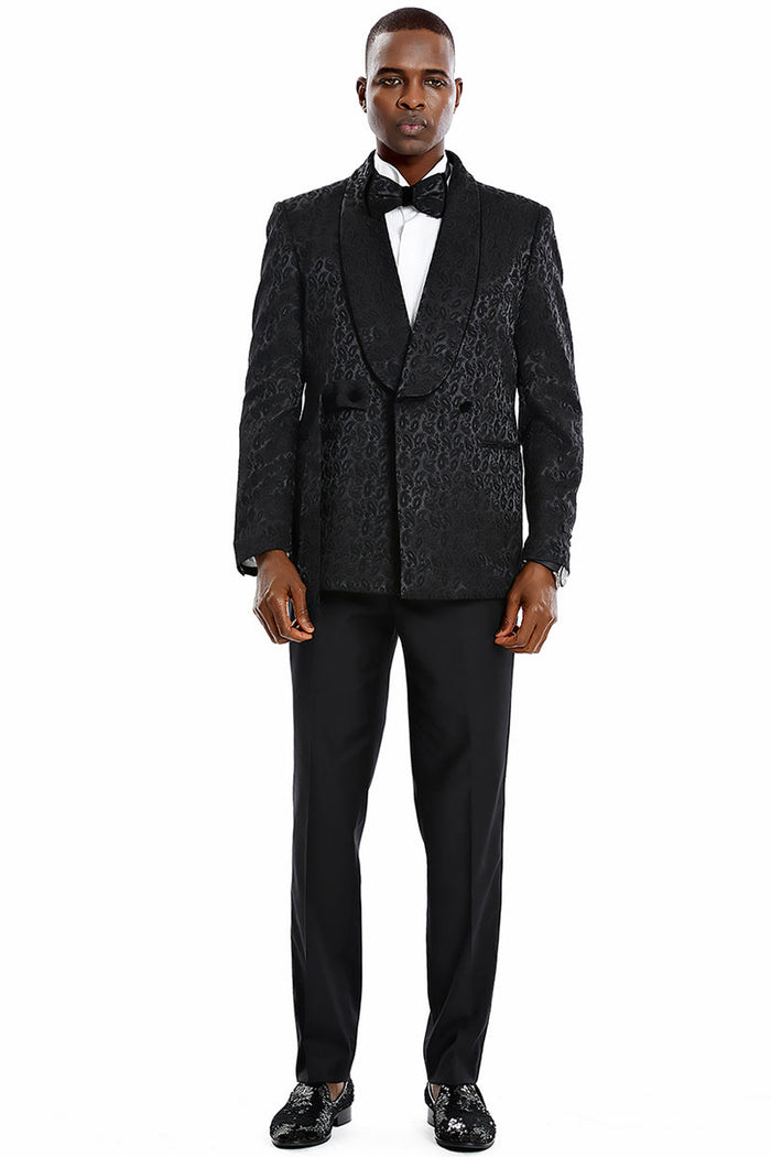 "Men's Slim Fit Double Breasted Black Paisley Tuxedo - Prom 2026 & Wedding Smoking Jacket"