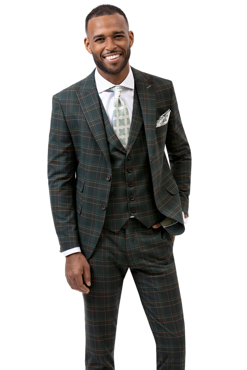 "Modern Fit Two Button Peak Lapel Vested Suit for Men - Dark Hunter Green Windowpane Plaid"