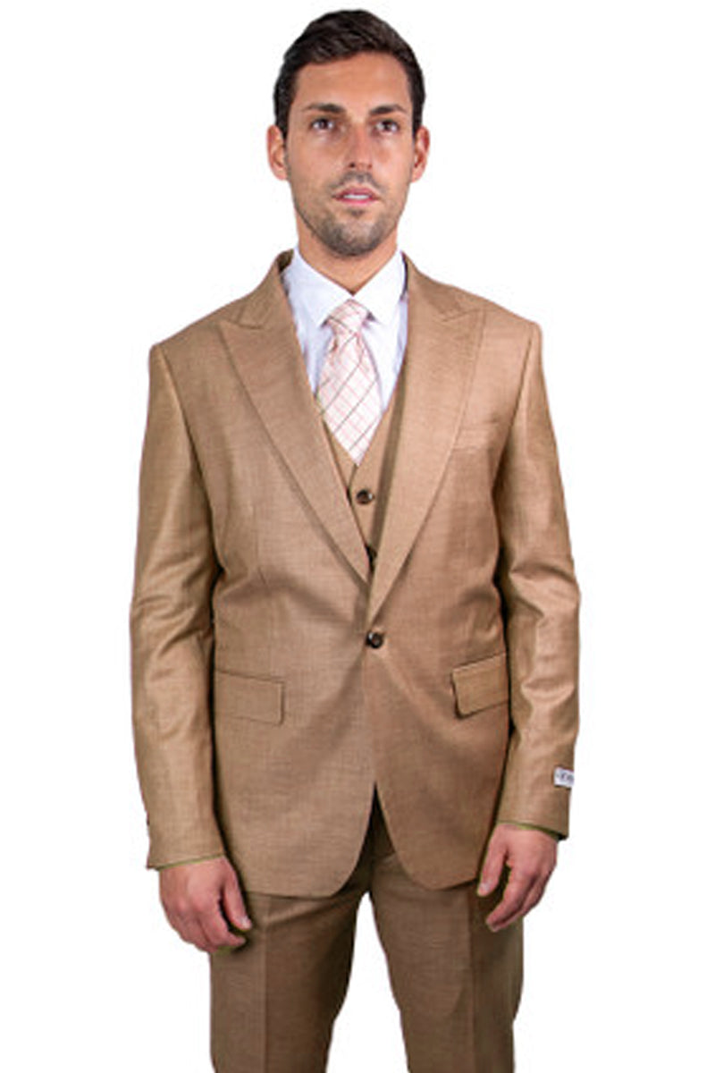 "Mens Stacy Adams Suit - Stacy Adams Suit Men's Sharkskin Suit - Taupe, One Button Peak Lapel Vested" - 34 Regular