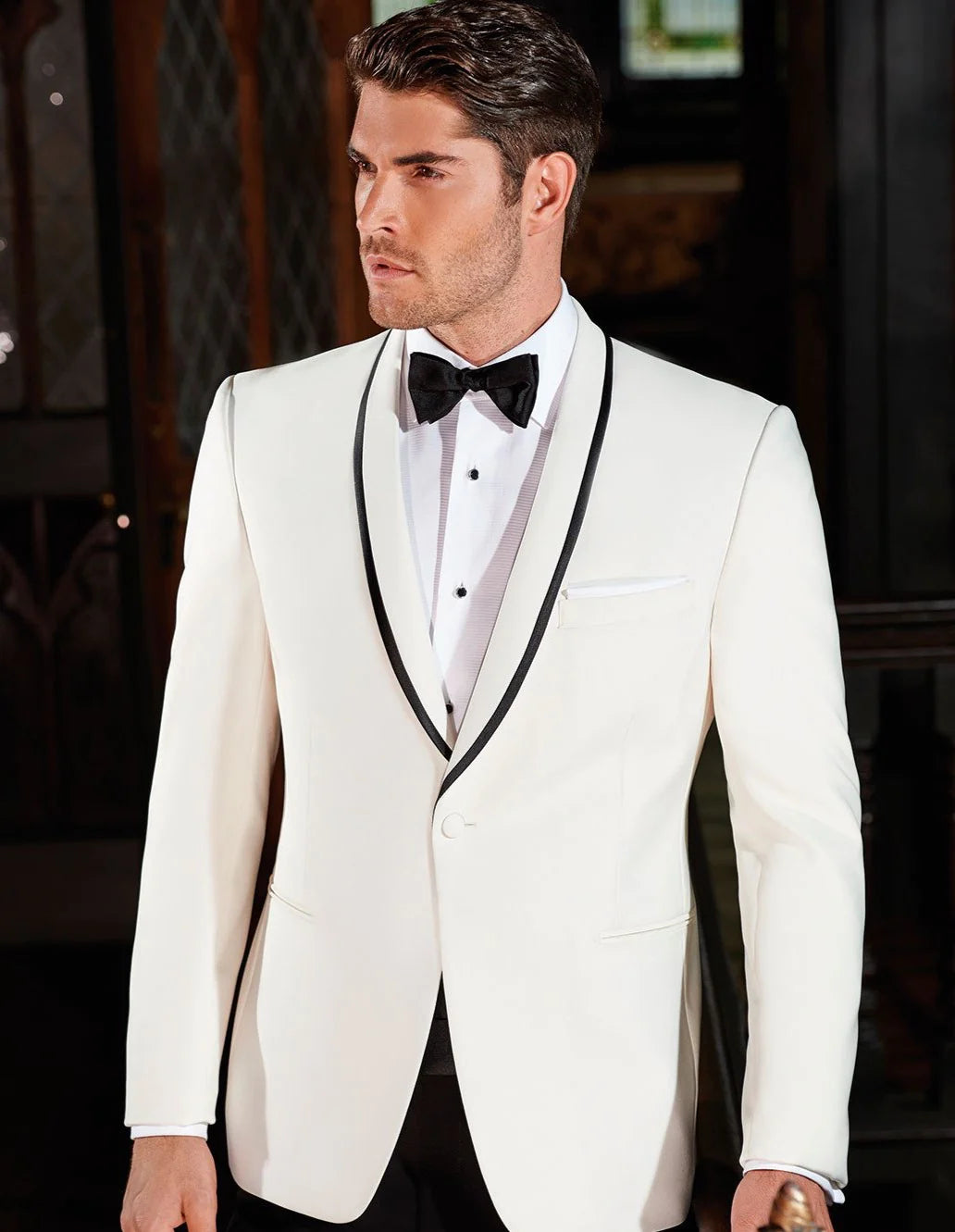 "Mens Suit Designer Charles Shawl Dinner Jacket in Ivory with Black Trim"