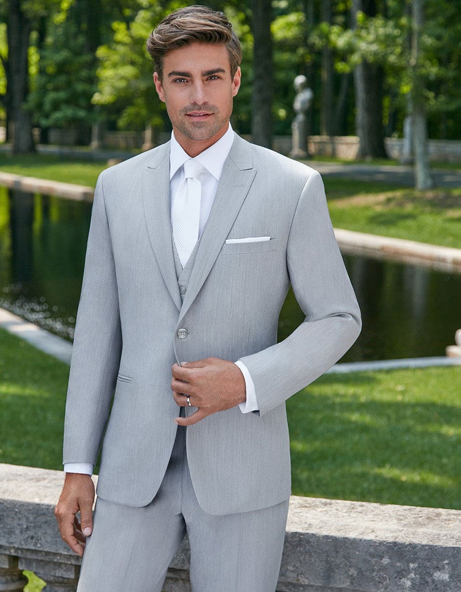 Mens Grey Suit Mens Designer 2 Button Peak Lapel Grenada Prom Tuxedo Suit in Light Grey - 38 Short Jacket+32 Waist Adjust   28to34)(Height: 5 4 to5 7 )(Neck    15-16.5)S-M)