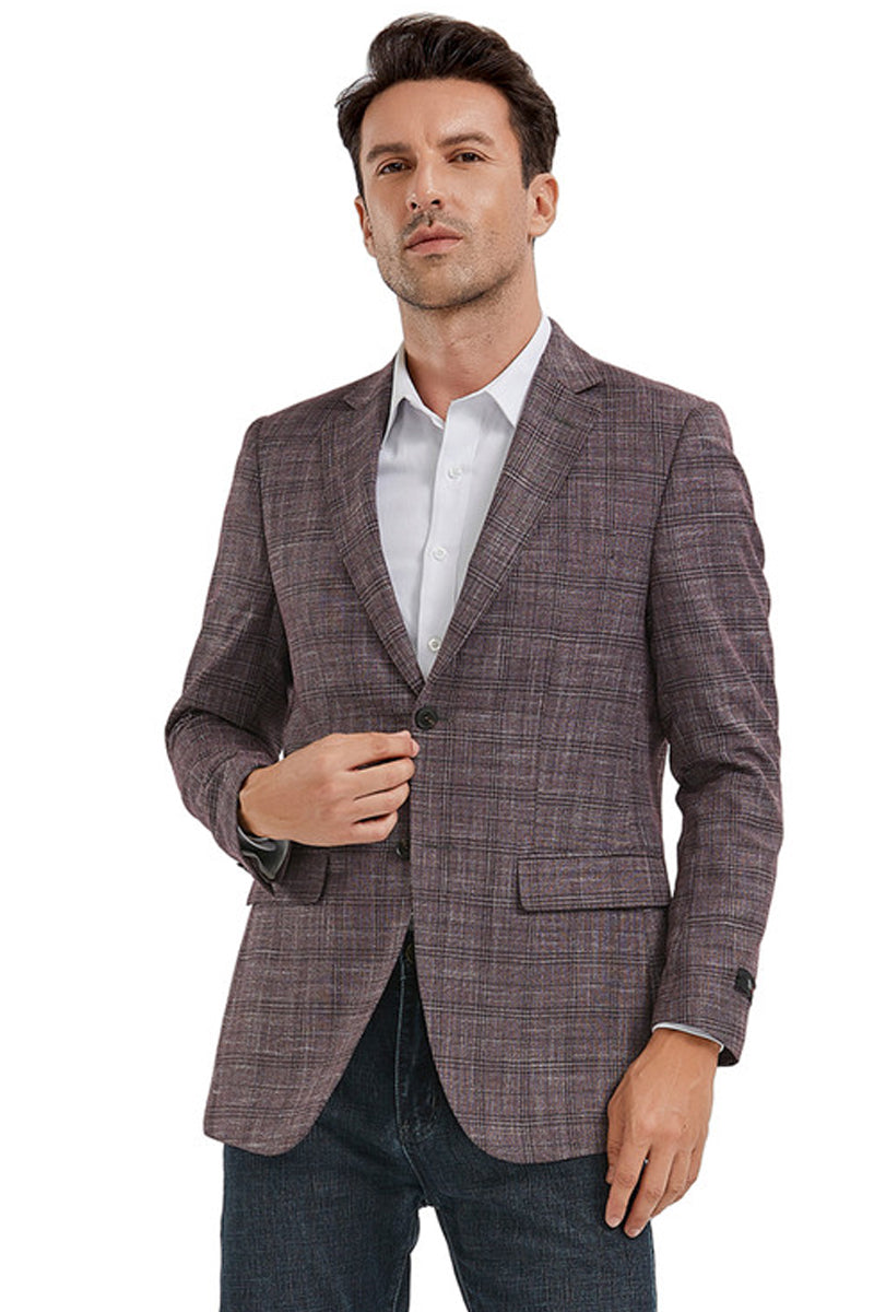 "Men's Slim Fit Plaid Sport Coat - Casual Dark Rose Pink Blazer" - X-Small