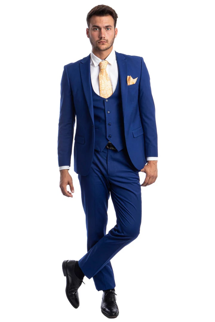 Cheap Suit - Men's One Button Peak Lapel Skinny Wedding & Prom Indigo Suit With Lowcut Vest