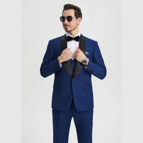 Stacy Adams 3pc Tuxedo Shawl Lapel, Blue Indigo - 38 Short Jacket+32 Waist Adjustable 28to34)(Height: 5 4 to5 7 )(Neck  15-16.5)S-M)