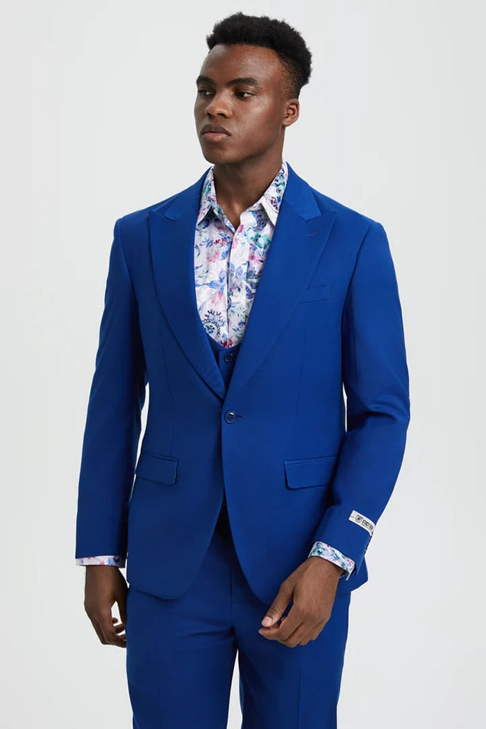 Cheap Priced Suit - Men's Vested One Button Peak Lapel Stacy Adams Designer Indigo Blue Suit
