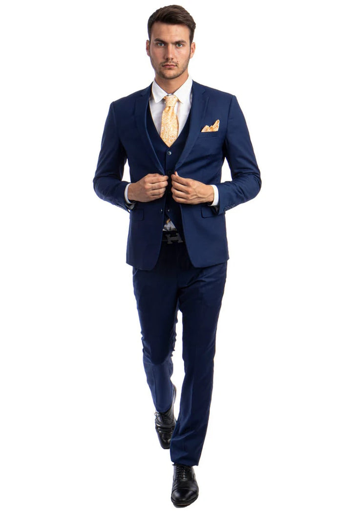 Cheap Priced Suit - Men's Two Button Slim Fit Vested Solid Basic Color Indigo Blue Suit