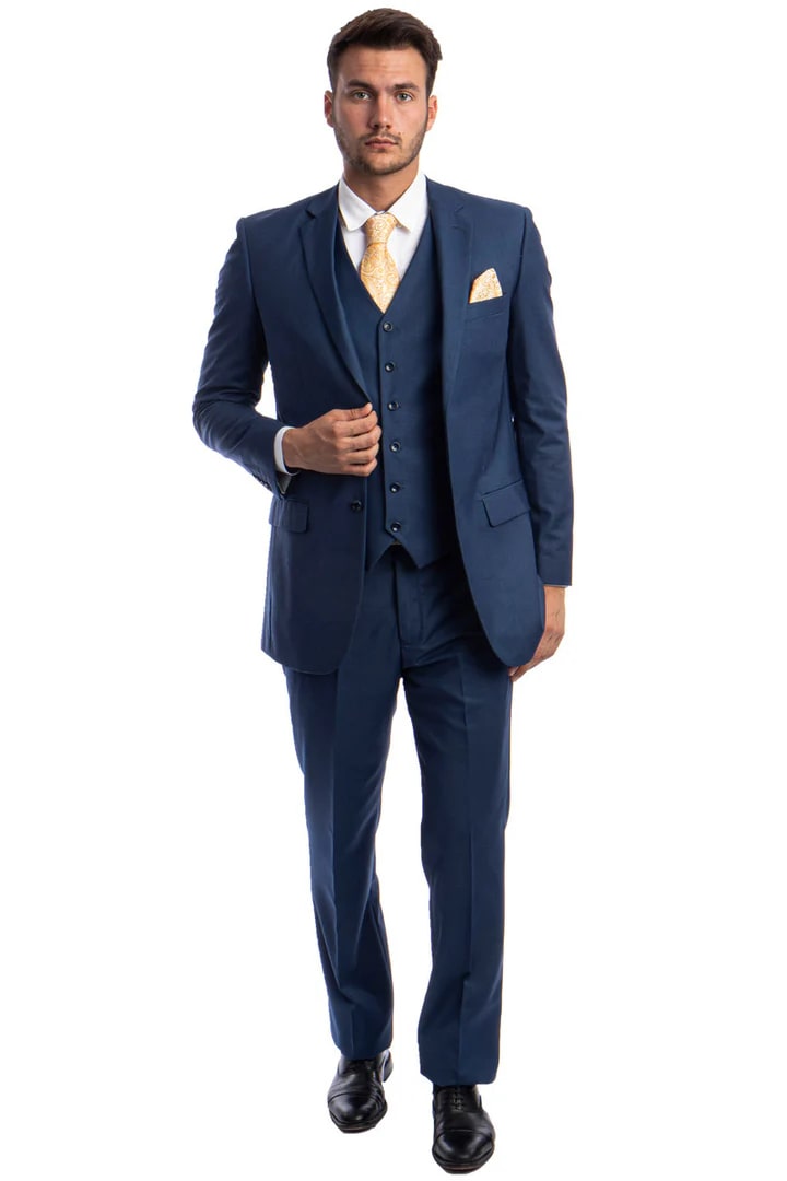 Cheap Suit - Men's Vested Two Button Solid Color Wedding & Business Indigo Blue Suit