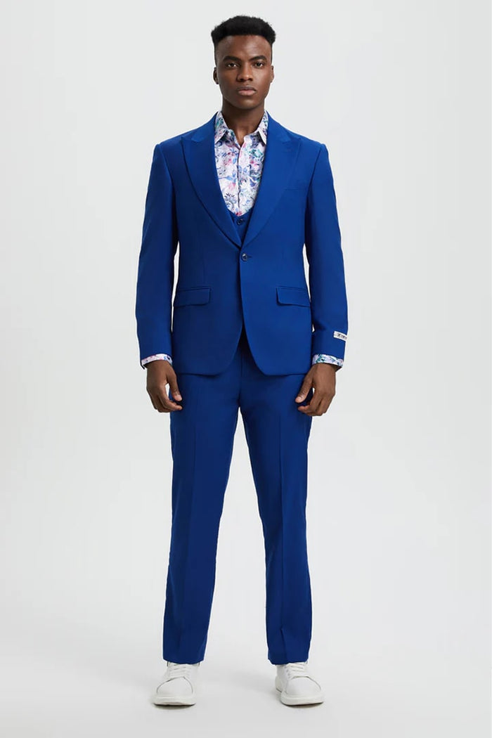 Cheap Priced Suit - Men's Vested One Button Peak Lapel Stacy Adams Designer Indigo Blue Suit