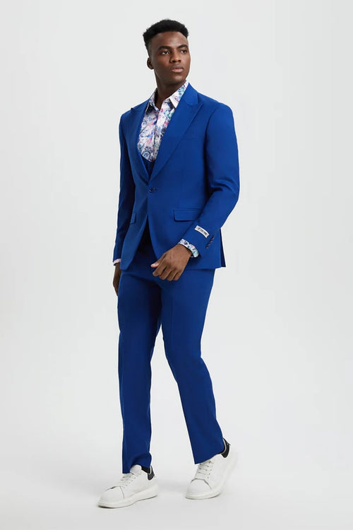 Cheap Priced Suit - Men's Vested One Button Peak Lapel Stacy Adams Designer Indigo Blue Suit