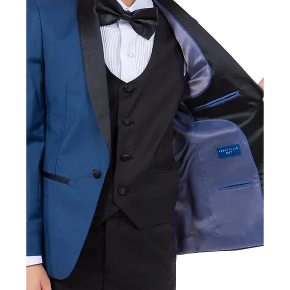 New Perry Ellis Boys Indigo Tuxedo Set, Solid 5-Piece Black Shawl Collar