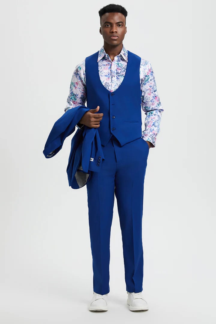 Cheap Priced Suit - Men's Vested One Button Peak Lapel Stacy Adams Designer Indigo Blue Suit - 38 Short Jacket+32 Waist Adjustable 28to34)(Height: 5 4 to5 7 )(Neck  15-16.5)S-M)