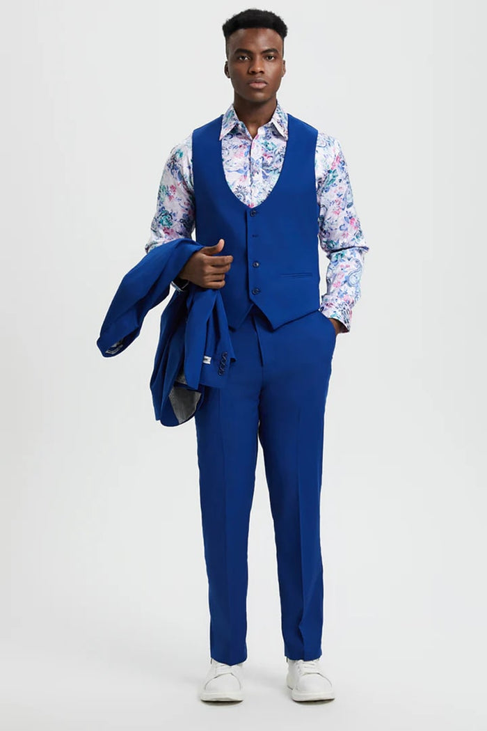 Cheap Priced Suit - Men's Vested One Button Peak Lapel Stacy Adams Designer Indigo Blue Suit
