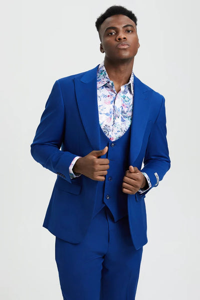 Cheap Priced Suit - Men's Vested One Button Peak Lapel Stacy Adams Designer Indigo Blue Suit